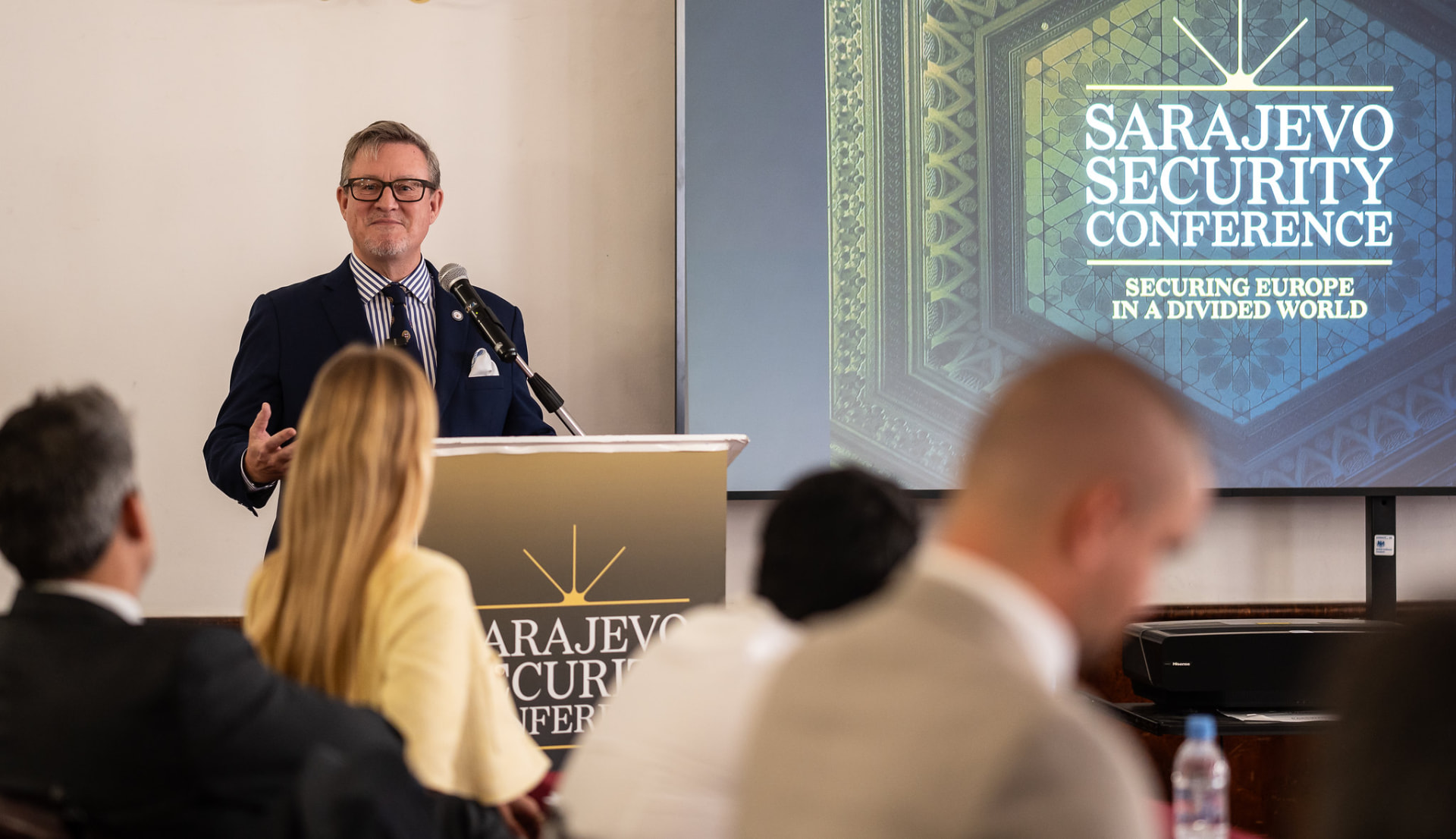 Mark J. Finlay speaking in the Armed Forces Hall of Bosnia and Herzegovina at the Sarajevo Security Conference