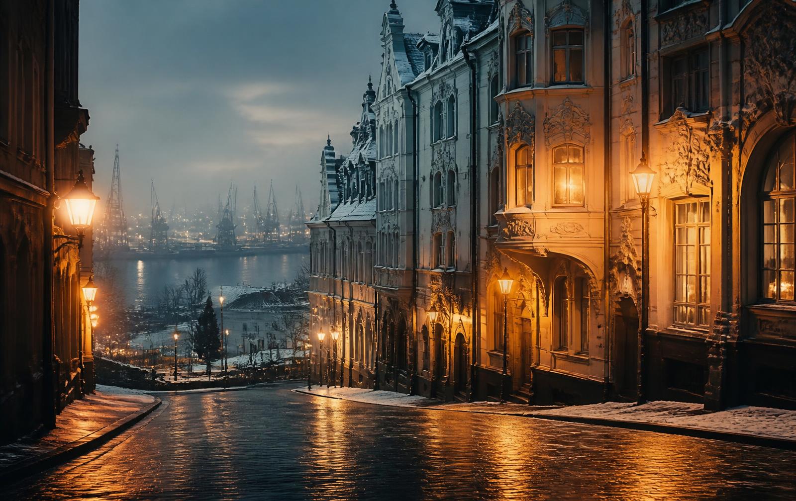 A wet cobbled street in Riga at blue hour, the cranes of the Daugava port in the haze beyond