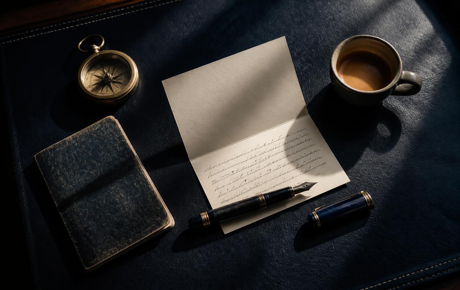 A fountain pen, a handwritten card, a worn notebook and a brass compass on a navy leather desk